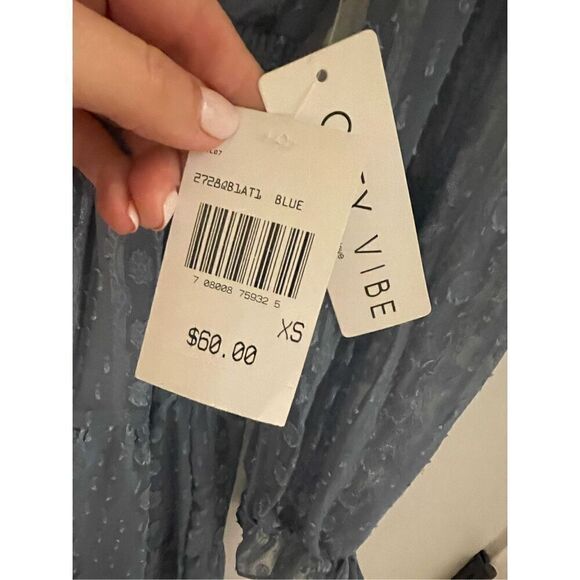 Women's Lined Chiffon Long Sleeve Tiered Ruffle Hem Wrap Dress Blue Size XS NWT - Picture 5 of 7